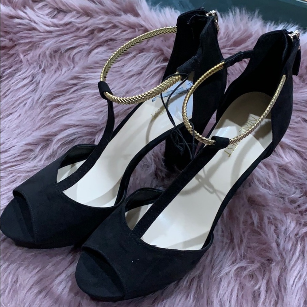 Nine West open toe heels with gold ankle strap